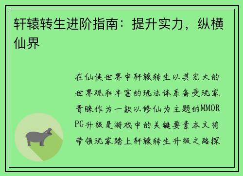 轩辕转生进阶指南：提升实力，纵横仙界